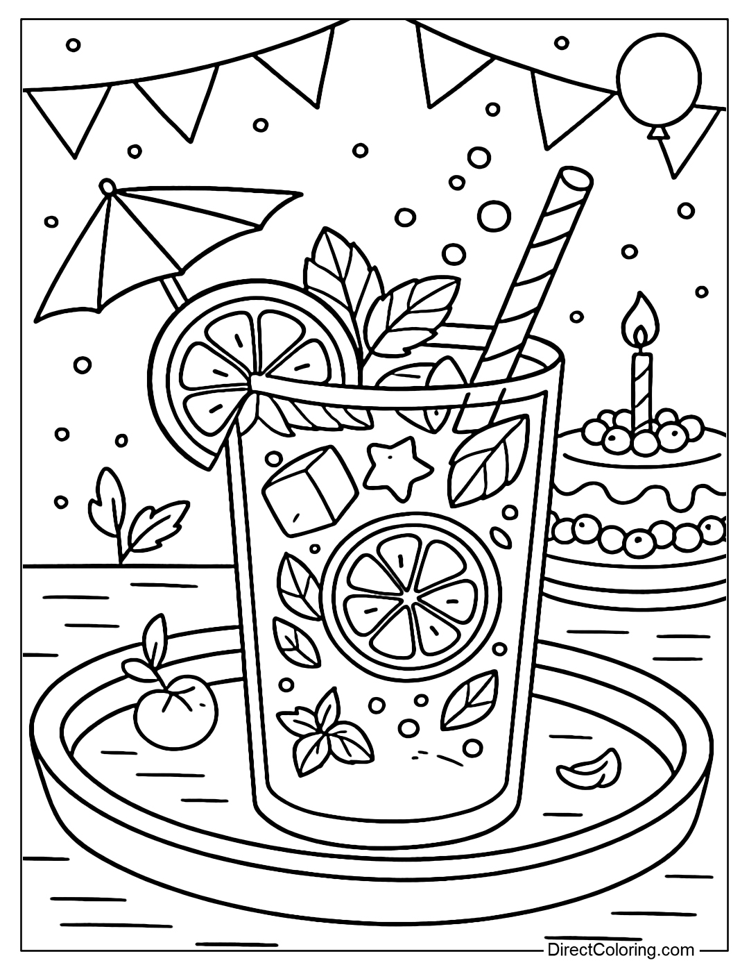 Coloring page of mint lemon soda with star-shaped ice cubes, a birthday party table with candles and a fruit cake in the background